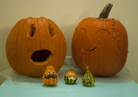 newly carved pumpkins and googly-eyed gourds!