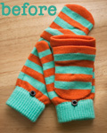turquoise & orange striped gloves: before