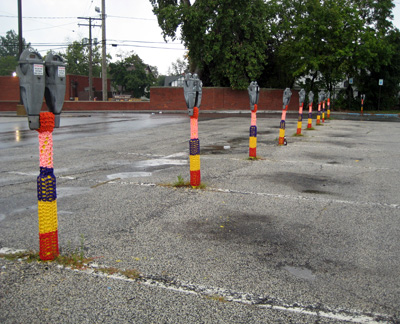 parking lot full of yarn-covered parking meters, cleveland, ohio parking lot full of yarn-covered parking meters, cleveland, ohio