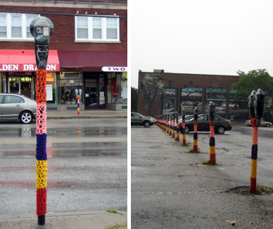 yarn-covered parking meters, cleveland, ohio yarn-covered parking meters, cleveland, ohio