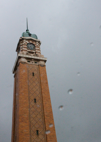 west side market clocktower through a rainy windshield west side market clocktower through a rainy windshield